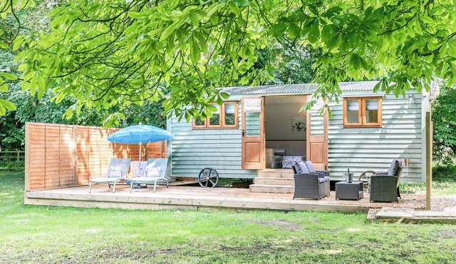 A lovely shepherd’s hut, set quietly in a paddock with shade from mature trees.